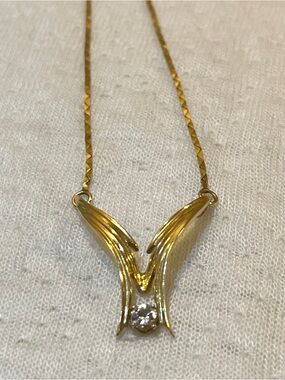 14K Yellow Gold Diamond Angel Wing Pendant Necklace - 15" long - Italian Design
